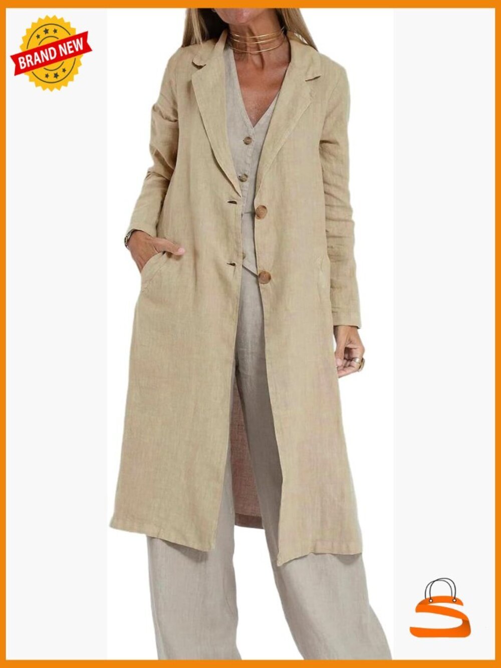 Womens Long Linen Blazer Jacket Casual Lightweight Trench Coat